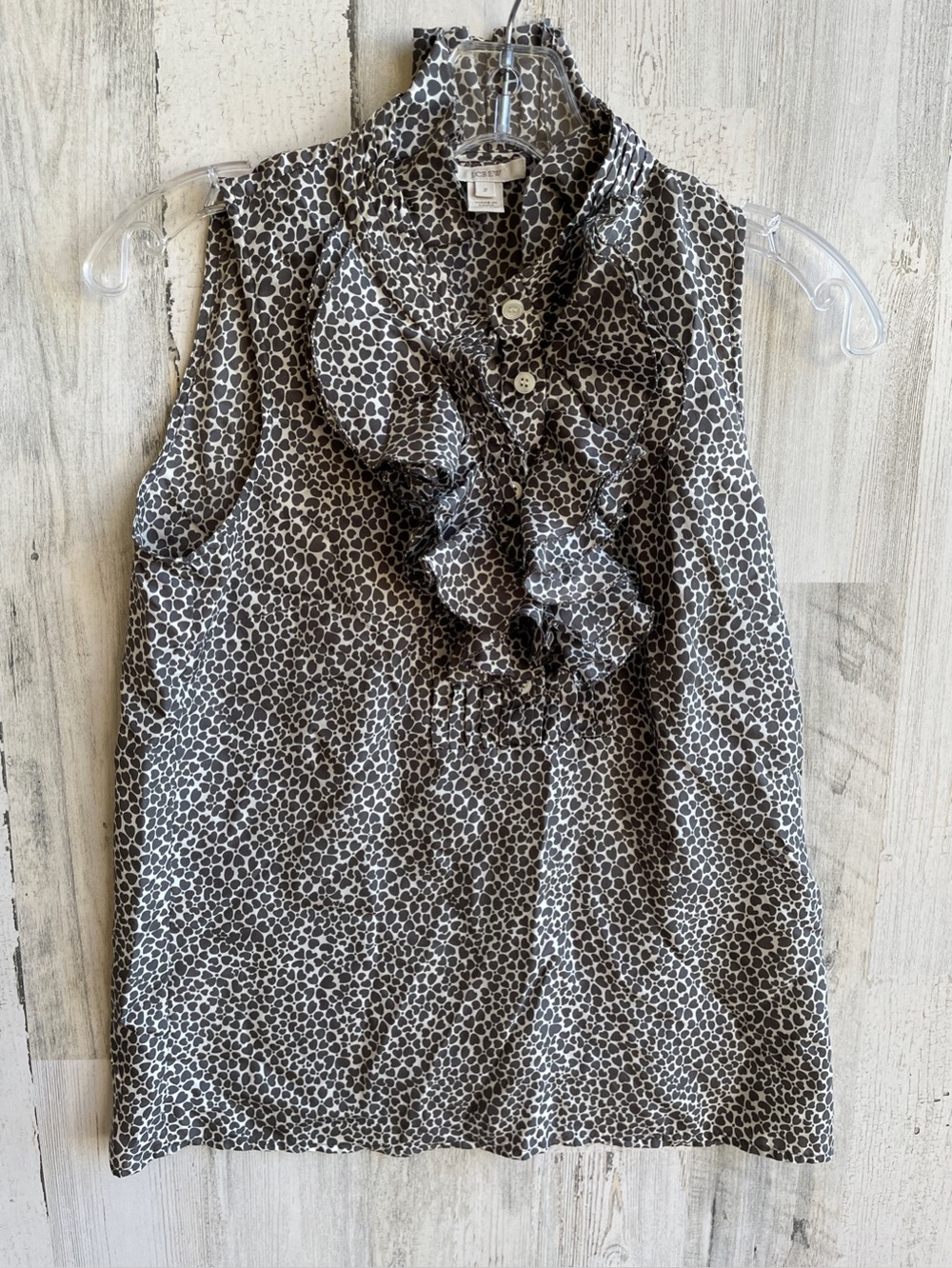 J. Crew Black & White Silk Ruffle Front Sleeveless Top Heart Print SZ 2